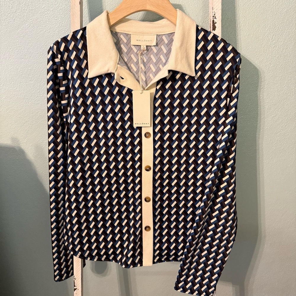 NWT Melloday Navy Cream Geometric Button Up Collared Long Sleeve Size L